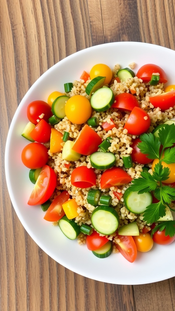 A vibrant quinoa salad with tomatoes, cucumbers, and bell peppers on a plate, garnished with parsley.